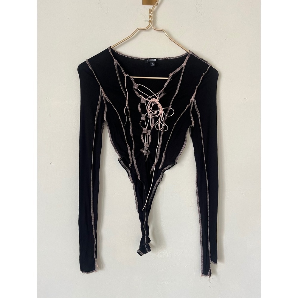 Fashion Nova Black Ribbed Lace Up Bodysuit Pink Contrast Stitch Emo streetwear S